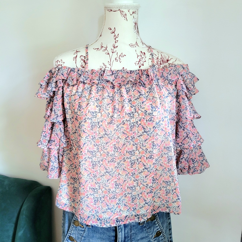 Romantic Pink & White Off Shoulder Ruffle Sleeve Blouse | Size XS | Like New